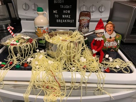 Elf On The Shelf Ideas Stove, Elf Made Breakfast, Elf Makes Breakfast, Elf Spaghetti Recipe Buddy The, Elf On The Shelf Spaghetti Noodles, Elf On The Shelf Buddy The Elf, Buddy The Elf Spaghetti Recipe, Buddy The Elf Elf On The Shelf, Elf On The Shelf Spaghetti