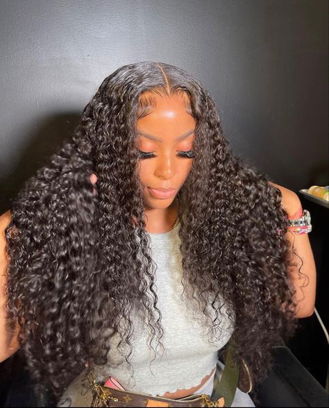 Long Water Wave Wig Black Women, Wet Curly Wigs For Black Women, Wet And Wavy Lace Front Wig Middle Part, Wet N Wavy Weave Hairstyles Black Women, Middle Part Deep Wave Wig, Wavy Weave Hairstyles, Deep Wave Brazilian Hair, Frontal Hair, Curly Weave Hairstyles