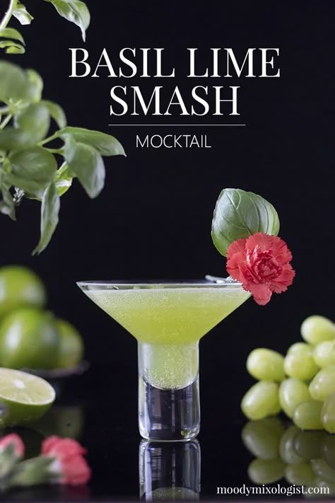 Basil Lime Smash Mocktail - Moody Mixologist Lime Cocktail Recipes, Asian Cocktails, Muddled Basil, Basil Drinks, Apple Cider Margarita, Cider Margarita, Mocktail Ideas, Drinks Lemonade, Mocktail Party