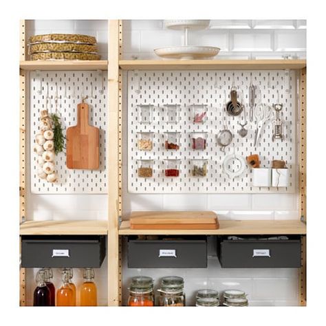 IVAR / SKÅDIS 3 sections/cabinet/shelves - garage Storage / Home Accessories Pegboard Kitchen, Ikea Pegboard, Clever Bathroom Storage, Ikea Skadis, Kitchen Arrangement, Wall Storage Unit, Ikea Ivar, Small Kitchen Storage, Home Coffee Bar