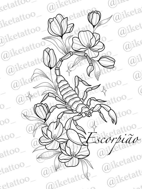 Scorpion Floral Tattoo Design, Disney Line Work Tattoo, Names In Tattoos, Scorpio Tattoo Stencil, Scorpion With Flowers Tattoo, Scorpion Tattoo Design Feminine, Daughters Name Tattoo, Scorpio Zodiac Tattoos, Wrist Tattoo Designs