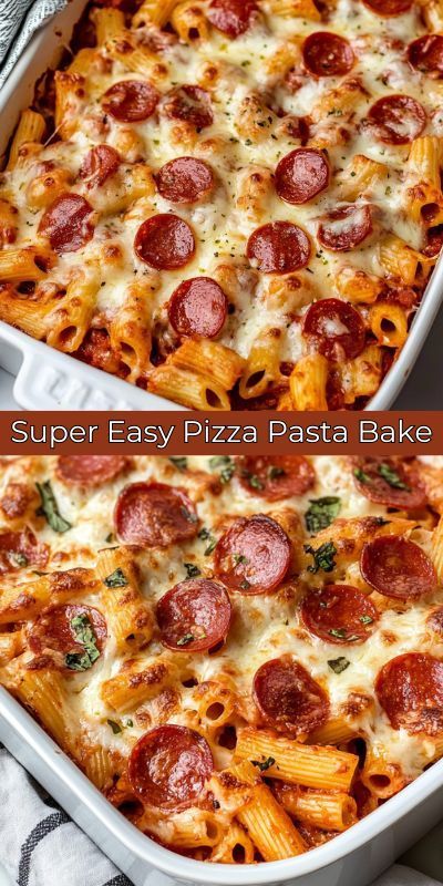 The Super Easy Pizza Pasta Bake is a comforting casserole made with uncooked penne pasta, marinara sauce, sliced pepperoni, and shredded mozzarella cheese. The pasta is boiled, mixed with the sauce and pepperoni, then layered in a baking dish and topped with more cheese and pepperoni before being baked until bubbly and golden. This dish is quick to prepare, easy to customize, and perfect for family dinners. Dinner With Pepperoni, Pepperoni Pizza Pasta Bake, Meals With Marinara Sauce, Spiral Pasta Recipes, Pepperoni Pasta Bake, Pepperoni Bake, Pizza Pasta Bake Recipes, Easy Pizza Pasta, Pepperoni Pizza Pasta