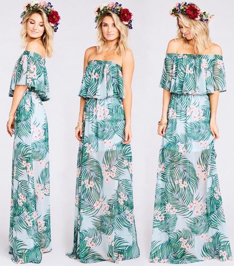 You can wear our Hacienda Maxi over your shoulders or as a strapless dress! #mumuweddings Hawaiian Themed Outfits, Hawaiian Party Dress, Tropical Thunder, Hawaiian Party Outfit, Hawaiian Wedding Dress, Dress Hawaiian Style, Cocktail Dress Code, Denim Ootd, Luau Outfits