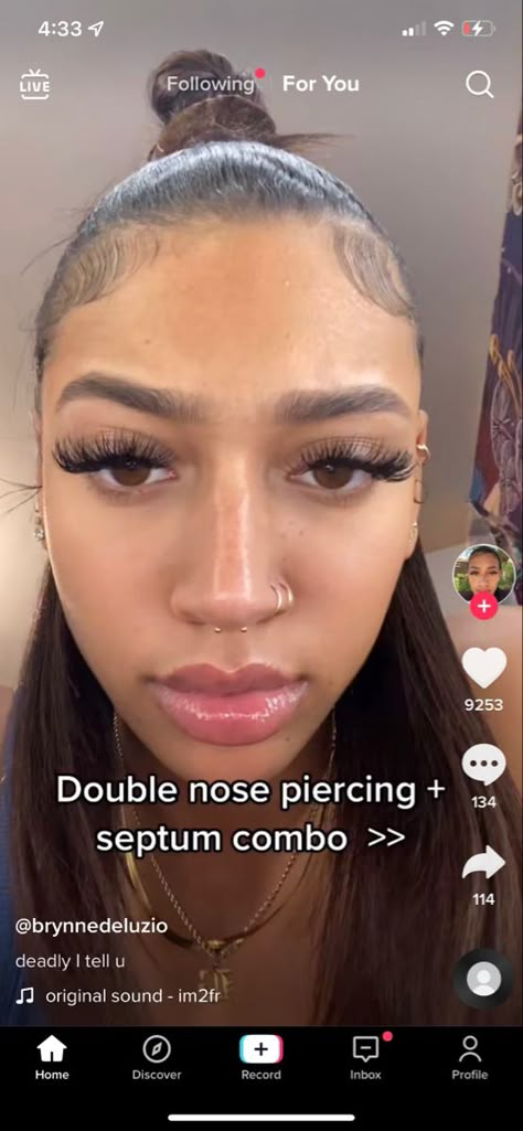 Percinings Ideas Black Women, All 3 Nose Piercings, Septum And Nose Ring Combo, Nose Piercing Set Up, Stacked Nose Piercing, Lip Piercings Black Women, Nose Piercings On Both Sides, Two Nose Piercings And Septum, Nose Piercing Septum And Side