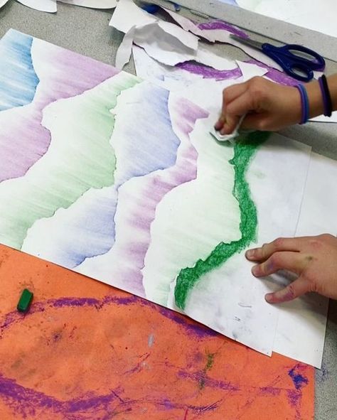 Third Grade Art, Primary School Art, Elementary Art Rooms, Snowflakes Art, Chalk Pastel Art, 2nd Grade Art, Mountain Landscapes, 4th Grade Art, Misty Mountains