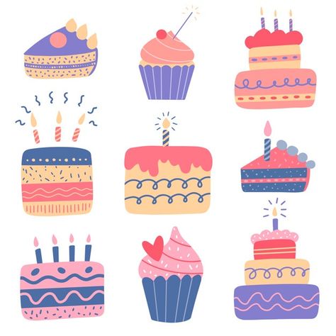 Cute Cake Illustration, Cupcakes With Candles, Food Invitation, Birthday Party Illustration, Birthday E-card, Birthday Cake Illustration, Cartoon Birthday Cake, Cake Icon, Cupcake Illustration