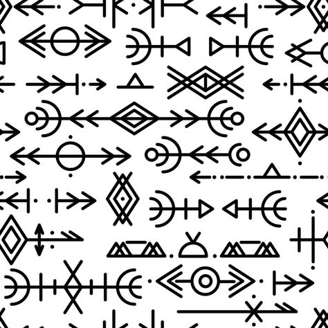 Ethnic Norwegian Icelandic seamless pattern. Runic talismans of the Vikings and northern peoples. Magic and magical runes. Pagan signs. Futhark repeatable background. Vector Hoodie Design Inspiration, Viking Tattoos For Men, Viking Signs, Nordic Symbols, Viking Pattern, Nordic Runes, Rune Tattoo, Rune Symbols, Scandinavian Pattern