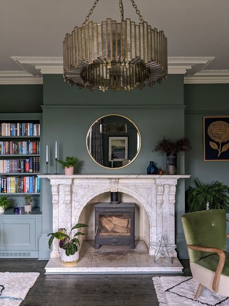 Georgian Semi - Lounge Green Lounge Ideas, Dark Green Lounge, Georgian Living Room, Mirror Over Fireplace, Stone Fireplace Wall, Dark Green Living Room, Built In Around Fireplace, Georgian Fireplaces, Natural Stone Fireplaces