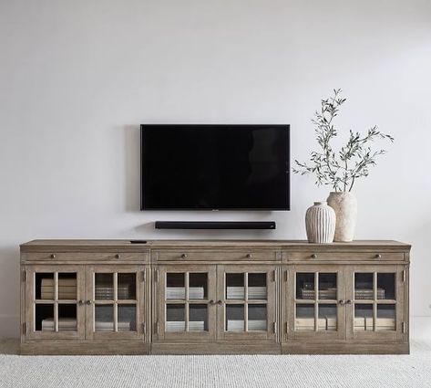 TV Stands & Media Consoles | Pottery Barn Canada Reclaimed Wood Media Console, Media Electric Fireplace, Cabinets Gray, Media Cabinets, Tv Consoles, Wood Media Console, Media Consoles, Double Glass Doors, Geometric Construction