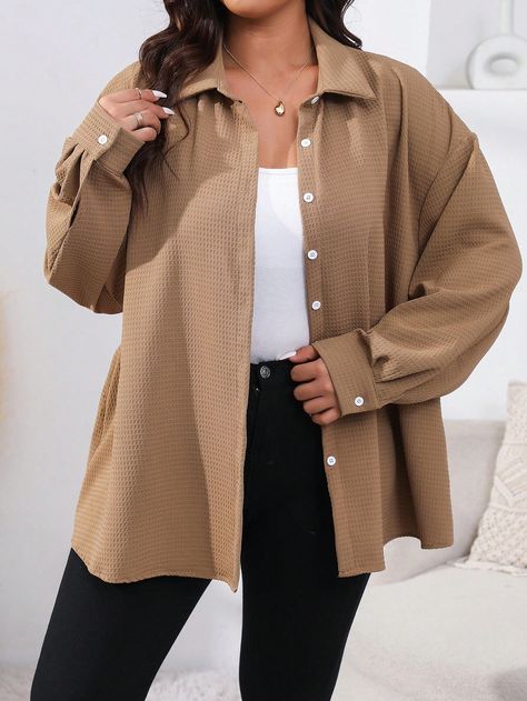 Brown Casual Collar Long Sleeve Fabric Plain Shirt Embellished Non-Stretch  Women Plus Clothing Long Sleeve Button Up Shirt Outfit, Blouse Outfit Casual, Outfits Con Camisa, Black Pants Outfit, Woman Shirt, Outfit Mujer, Brown Shirt, Plain Shirt, Boyfriend Shirt