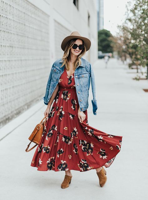 Free People Maxi Dress (40% off!) | LivvyLand Red Floral Maxi Dress Outfit, Red Dress With Jacket Outfit, Maxi Dress Winter Outfit, Fall Maxi Dress Outfit, Maxi Dress With Boots, Red Maxi Dress Outfit, Dress With Jacket Outfit, Instagram Recreate, Maxi Dress With Jacket