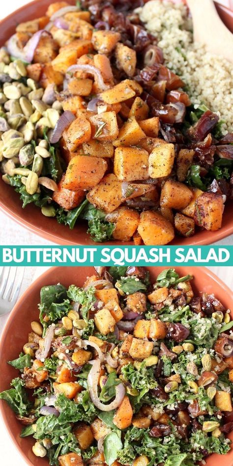 Introducing my FAVORITE healthy fall salad recipe! Spinach & kale are tossed with an avocado vinaigrette dressing, roasted butternut squash & quinoa in this gluten free, vegan kale salad recipe. Best part is, it's easy to make in only 35 minutes! Roasted Butternut Squash Kale Salad, Healthy Fall Salad Recipes, Butternut Squash Salad Recipes, Healthy Fall Salads, Roasted Butternut Squash Salad, Avocado Vinaigrette, Squash Quinoa, Fall Salads, Light Eating