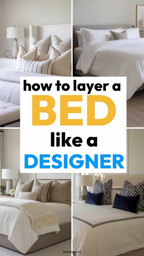 Learn how to layer a bed like a designer. If you want to style your bed or guest bedroom for company, here's a simple guide to help you layer a bed like a pro. Save this pin for later! Pretty Made Beds, How To Make Master Bed, Chambray Bedding Ideas, Bed Layers How To, Best Way To Make A Bed, How To Make A Guest Bed, Making Your Bed Aesthetic, How To Design A Bed, Dog Friendly Master Bedding