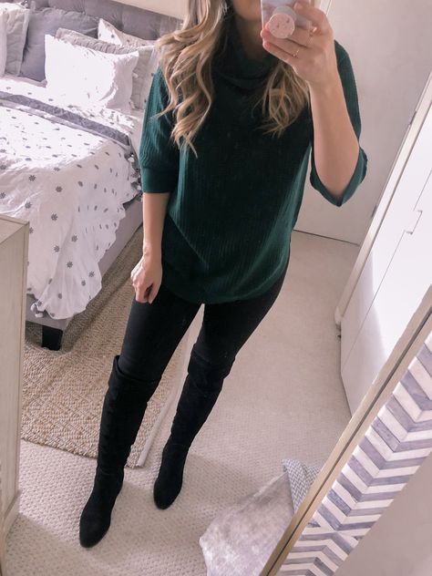 This hunter green tunic is perfect for styling with leggings and OTK boots. #visionsofvogue #officefashion Dark Green And Black Outfit, Tunic Sweater Outfits, Slytherin Fashion, Green Tunic, Chicago Fashion, Pencil Skirt Outfits, Office Fashion Women, Pencil Skirt Black, Satin Blouses