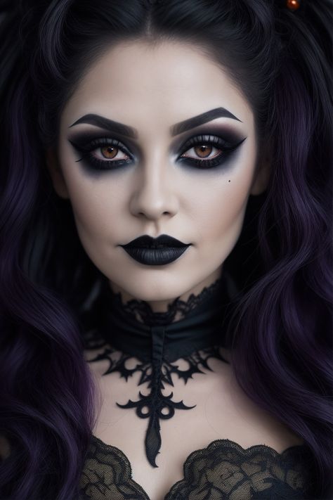 Get ready to slay this Halloween with this stunning hair and makeup look! The smokey eyes are dramatic and seductive, while the defined eyebrows and black lipstick add a touch of edge. This look is perfect for any Halloween costume, from a witch to a vampire. Be playful and opt for half-up half-down pigtails with some red hair elastic. Halloween Hair And Makeup, Maquillage Goth, Dark Beauty Fashion, Dark Gothic Art, Rare Features, Vampire Makeup, Bold Makeup Looks, Female Vampire, Witch Makeup