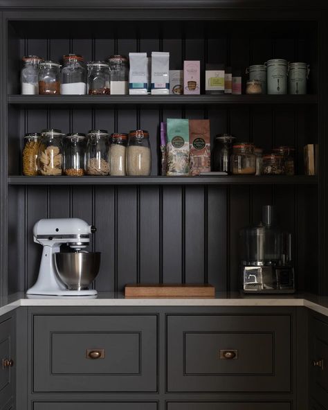 Humphrey Munson on Instagram: “We love this new paint colour ‘Soot’ what do you guys think? 🖤 #humphreymunsonkitchens | 📸 @paullmcraig” Moody Paint, Humphrey Munson, Modern Pantry, House Pantry, Gray Floor, Pantry Organisation, Dark Paint Colors, Lake Keowee, Kitchen Storage Space