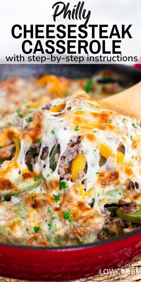 Here's a tasty Philly Cheesesteak Casserole recipe that's super cheesy, healthy, and simple to make. With basic ingredients and minimal prep, it's perfect for a quick dinner. Enjoy a delicious mix of ground beef, cheese, veggies, and creamy sauce with your favorite side dish. Simple Recipes Using Ground Beef, Light Beef Recipes, Healthy Cheesesteak Recipes, Ground Beef Mixed Veggies Recipes, Ground Beef Philly Cheese Steak Skillet, Ground Beef Keto Recipes For Dinner, Healthy Ground Beef Recipes For Dinner Clean Eating, Ground Beef And Peppers Recipe, Philly Cheesesteak Casserole Ground Beef