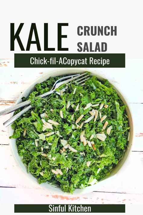 Chick-fil-A kale crunch salad is made with kale, cabbage, and almonds. Tossed in a delicious lemon dijon dressing. This copycat recipe can be ready in less than five minutes for a fraction of the price. Chick Fil A Kale Salad Recipe, Kale Crunch Salad, Salad Copycat, Crunch Salad, Kale Salad Recipes, Superfood Salad, Slaw Recipes, Different Vegetables, Veggie Side Dishes