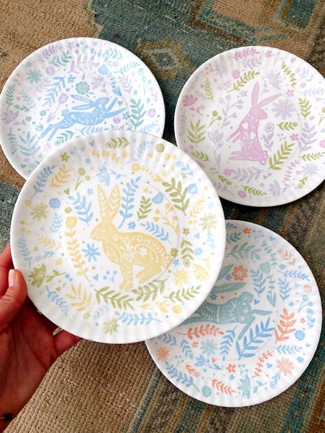 reusable melamine "paper plate" style plates with ribbed border. each plate features a colorful and springy design with a bunny and botanical details. set of four 7.5" diameter dishwasher safe do not microwave Easter Plates, Floral Plates, A Bunny, Ceramic Tableware, Paper Plate, Salad Plates, Paper Plates, Plate Sets, Decorative Plates