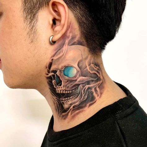 Skull Side Neck Tattoo, Neck Skull Tattoo, လည်ပင်း Tattoo, Skull Neck Tattoo, Neck Tattoo For Boys, Skull Head Tattoo, Owl Neck Tattoo, Trible Tattoos, Arm Tattoos Black