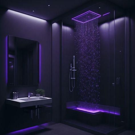 Cool Showers Dark, Black Luxury Bathroom Interior Design, Bedrooms Dark Aesthetic, Purple Led Bathroom, Black Aesthetic Room Decor Ideas, Modern Luxury Minimalist Interior Design, Aesthetic Black Bathroom, Purple Black Bathroom, Minimalist Dark Bathroom