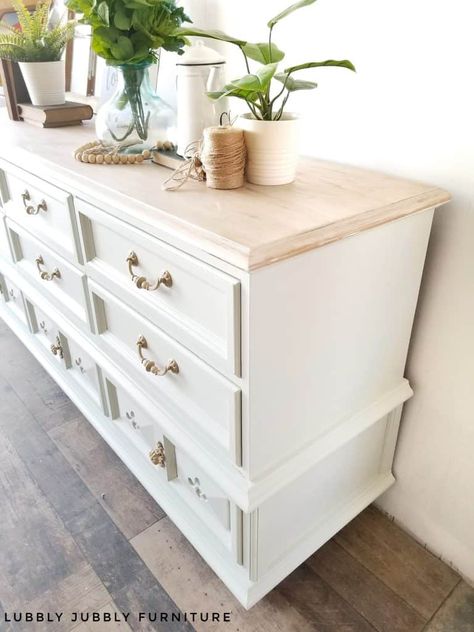 Painted White Dresser With Gold Hardware, Modern Farmhouse Furniture Colors, White Vintage Dresser Bedroom, Refinished Dresser Wood Top, Cream Painted Dresser Ideas, White Dresser With Natural Wood Top, Refinished Dresser White And Wood, White Furniture With Wood Top, White Wash Wood Dresser