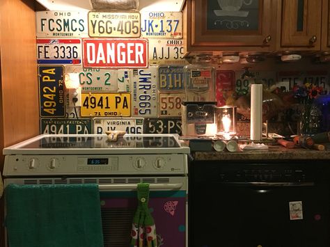 License Plate Backsplash License Plate Backsplash, Camper Renovations, Pole Barn Designs, Minivan Camper, Camper Remodeling, Minivan Camper Conversion, Licence Plates, Camper Trailer Remodel, Camper Remodel