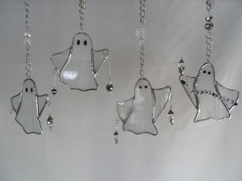 Some Stained Glass Ghosts - $20.00 each at Jitter Beans in Mineral Wells Texas Ghost Stained Glass Patterns, Stained Glass Ghost, Mineral Wells Texas, Glass Bowl Decor, Tiffany Glass Art, Mineral Wells, Terrarium Ideas, Window Hanger, Mosaic Stained