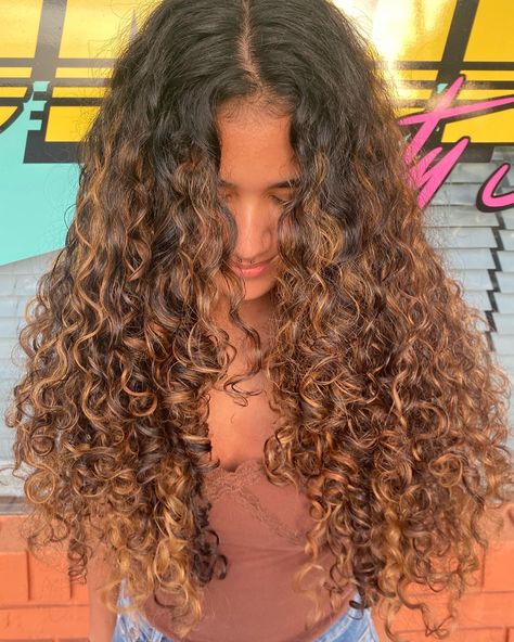 Curry Hair Highlights, Brunette Curly Hair Balayage, Brown With Caramel Highlights Curly Hair, Baliage Hair Brown Curly, Light Brown Balayage On Dark Hair Curly, Highlight Brown Curly Hair, Honey Blonde Highlights On Dark Brown Curly Hair, Balayage Hair Curly Hair, Mixed Curly Hair Highlights