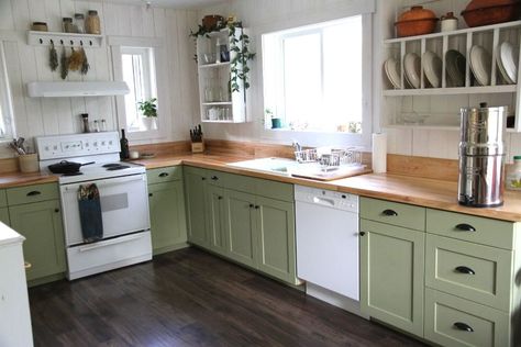 Green Cabinets Kitchen With Butcher Block, Olive Green Kitchen Cabinets With Butcher Block, Green Kitchen Cabinets Butcher Block Counter, Kitchen Upper Shelves Ideas, Green Kitchen Cabinets With Wooden Countertops, Replacing Upper Cabinets With Shelves, Kitchen With Upper Shelves, Small Kitchen Green Cabinets, Green Kitchen Cabinets Wood Countertop