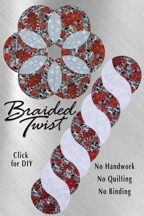 Great Technique! Sew this clever runner or tree skirt in no time. The instructions can be found in the book, Braided Twist. The Braided Twist tool is included. No handwork, no quilting, no binding. Makes a great Christmas gift. Fast and Easy. #BraidedTwist, #TableRunner Twisted Braid Table Runner, Twisted Table Runner, Braided Twist Table Runner Pattern Free, Twisted Table Runner Pattern, Christmas Tree Table Runners, Braided Quilt Pattern Free, Braided Twist Table Runner Pattern, Braided Twist Table Runner, Christmas Quilts Easy