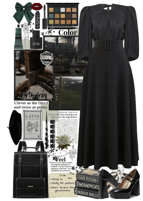 Dark Academia Slytherin Outfit, Outfit Ideas Hogwarts, Gothic Outfit Ideas Casual, Slytherin Core Outfits, Slytherin Style Inspired Outfits, Snape Inspired Outfit, Slytherin Academia Outfit, Hogwarts Outfits Slytherin, Slytherin Aesthetic Clothes