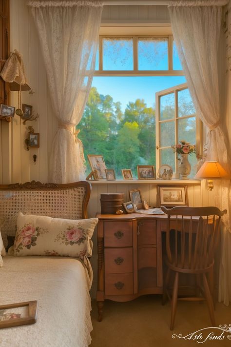 vintage bedroom with open window, sheer curtains and a desk. Cottagecore Headboards, Grandma Core Room, Warm Cottagecore Aesthetic, Grandma Core Bedroom, Old Fashioned Bedroom, Vintage Sunroom, German Bedroom, Vintage Cottagecore Bedroom, Angled Bed