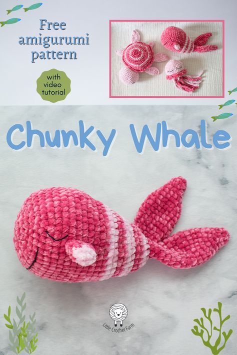 Amigurumi whale free pattern, one more crochet sea creatures for the cuddle collection! Crocheted with velvet yarn, this amigurumi whale is super soft and comfy, besides being a quick and easy amigurumi project! You can find the free amigurumi pattern and a complete video tutorial on littlecrochetfarm.com perfect project for amigyrumi beginners! Have fun! Easy Amigurumi Patterns, Whale Amigurumi, Crochet Whale, Easy Amigurumi, Crochet Fish, Advanced Crochet, Easy Crochet Animals, Crochet Animal Amigurumi, Whale Pattern