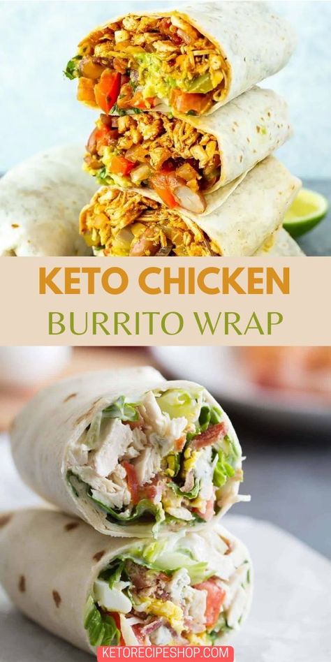 These Keto Chicken Burrito Wraps are perfect for a quick and easy keto lunch or dinner.  Flavorful chicken, melty cheese, and low-carb wraps – a delicious and portable keto option! Chicken Burrito Wrap, Chicken Tortilla Wraps, Keto Tortilla, Bacon Recipes For Dinner, Bacon Dinner, Burrito Wrap, Diet Lunch, Rotisserie Chicken Salad, Leftover Rotisserie