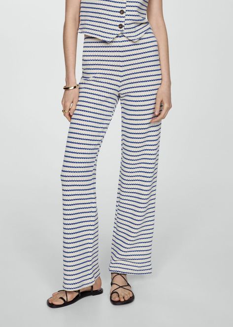 Crochet striped trousers -  Women | Mango United Kingdom Floral Beach Wear, Striped Pants Women, Mango Trousers, Transition Outfits, Crochet Fabric, Total Look, School Fashion, Denim Outfit, Striped Pants