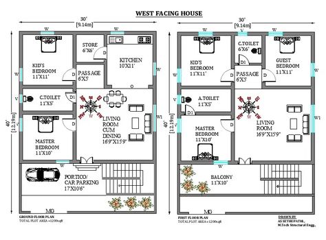 30’x40' West facing house plan as per vastu shastra.Download now. - Cadbull West Facing House Plan, 40x60 House Plans, West Facing House, 20x40 House Plans, 30x40 House Plans, Building Front Designs, Vastu House, 2bhk House Plan, Small House Front Design