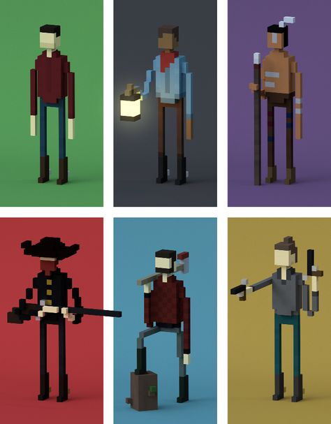 You can choose to be anyone you want: man, woman, cowboy, Indian, bandit, farmer, miner, lumber jack, and more! https://www.kickstarter.com/projects/196516530/survive-the-west?ref=category_popular Isometric Assets, Voxel Character, Voxel Games, Western Games, Lumber Jack, Voxel Art, Detective Game, Low Poly Games, Vector Character Design