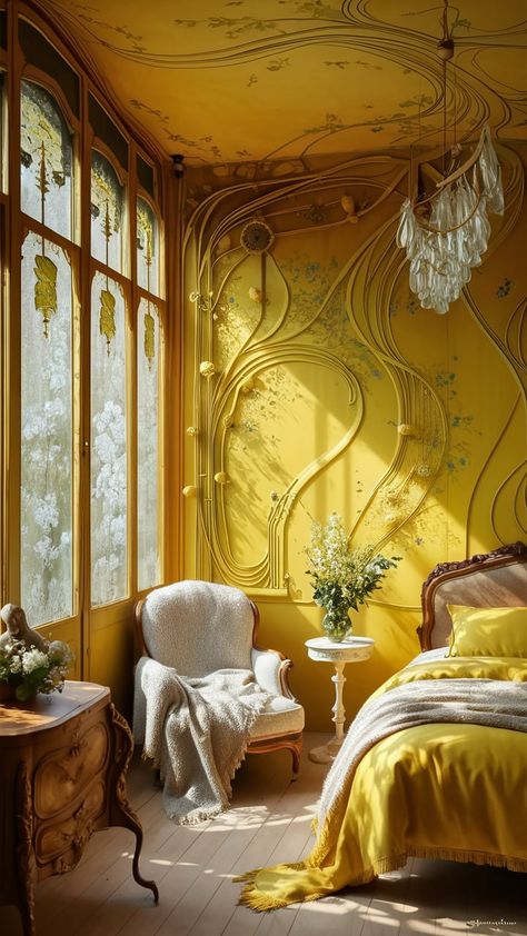 Step into a tranquil yellow wallpaper bedroom infused with Art Nouveau elegance. Intricate floral patterns and flowing lines create a connection to nature. Sunlight streams through ornate windows, illuminating antique wooden furniture and a cozy vintage armchair. A whimsical chandelier and fresh wildflowers add charm. Experience a harmonious blend of comfort and artistic flair in this serene haven. #HomeDecor #ArtNouveau #InteriorDesign #YellowWallpaper Art Nouveau Architecture Interior, Ethereal Home Decor, Yellow Wallpaper Bedroom, Art Nouveau Bed, Whimsical Chandelier, Antique Wooden Furniture, Yellow Chinoiserie, Art Nouveau Aesthetic, Art Nouveau Bedroom