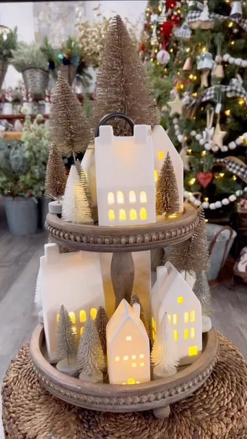 Tiered Christmas Display, Tiered Tray Christmas Decor, Christmas Village Dining Table, Dollar Store Christmas Village, Christmas Village Dinner Table, Christmas Houses Village Display White, Christmas Village Tiered Shelf, Diy Christmas Village Accessories, Christmas Village Tiered Tray