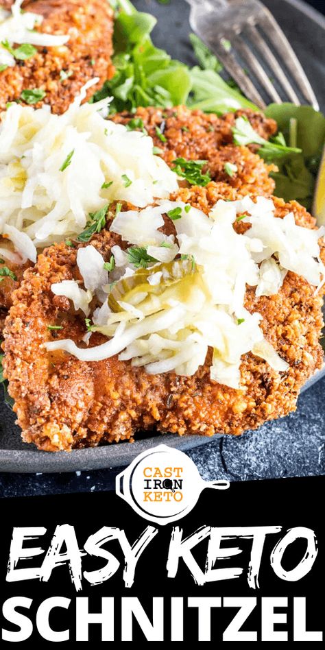 Keto Schnitzel, Pork Snitzel, Cast Iron Keto, Pork Cutlet Recipes, Schnitzel Recipe, Cheesy Chicken Casserole, Fried Chicken Cutlets, Schnitzel Recipes, Pork Rind