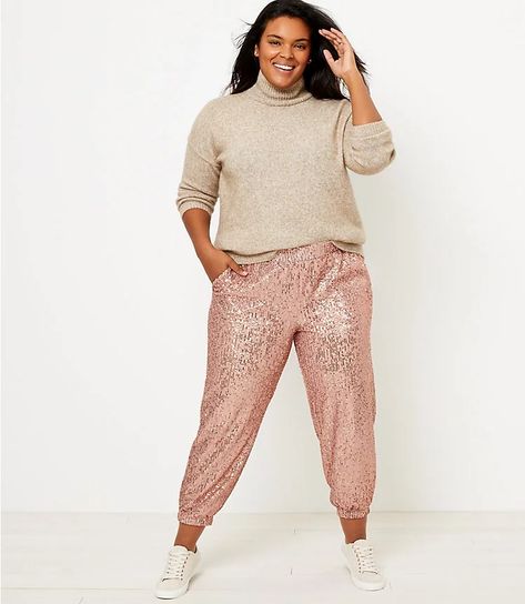 Loft Sequin Jogger Pants Gold Sequin Pants Outfit, Pink Joggers Outfit, Sequins Pants Outfit, Outfits With Pink, Gold Sequin Pants, Sequin Joggers, Sequin Jogger Pants, Loft Outfits, Plaid Pants Women