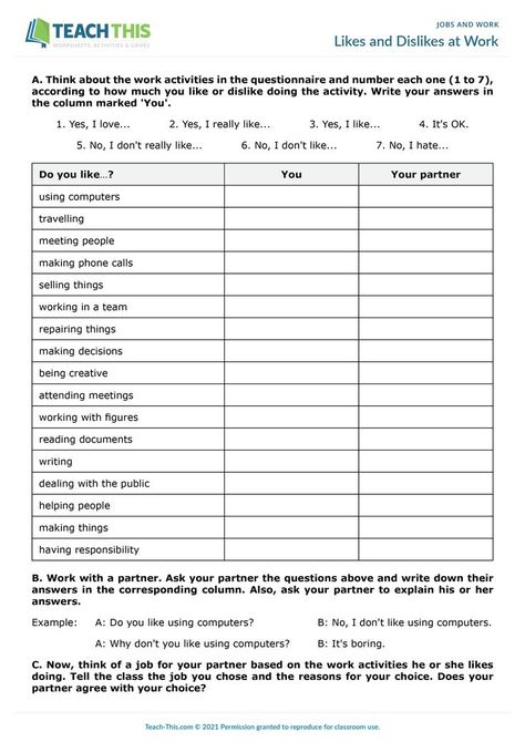 ESL Job Preferences Activity - Reading, Writing, Listening and Speaking - Pre-intermediate (A2) - 30 minutes In this free work preferences activity, students express their likes and dislikes for different work activities and choose a job for a partner based on their preferences. Esl Games, Esl Activities, Esl Resources, Likes And Dislikes, Speaking Activities, Activities Games, Active Listening, Work Activities, Job Work