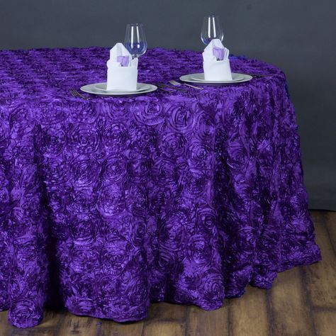 Rosette Tablecloth, Purple Tablecloth, Purple Wedding Decorations, Satin Ribbon Roses, Elegant Tablecloth, Wedding Tablecloths, Bold Decor, Table Skirt, Floral Tablecloth