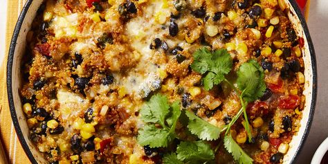 Cheesy Black Bean & Quinoa Skillet Casserole Recipe | EatingWell Quinoa Skillet, Skillet Casserole, Bean Quinoa, Black Bean Quinoa, Lunch Appetizers, Canned Beans, Hot Dishes, Healthy Eating For Kids, Salad Side Dishes