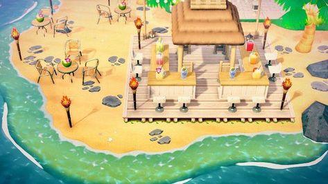 Acnh Beach Club Ideas, Animal Crossing Beach Bar Ideas, Acnh Beach Amusement Park, Acnh Beach Tiki Bar, Beach Restaurant Animal Crossing, Acnh Beach Coffee Shop, Acnh Surf Shack, Acnh Near Beach Ideas, Acnh Beach Bar Design