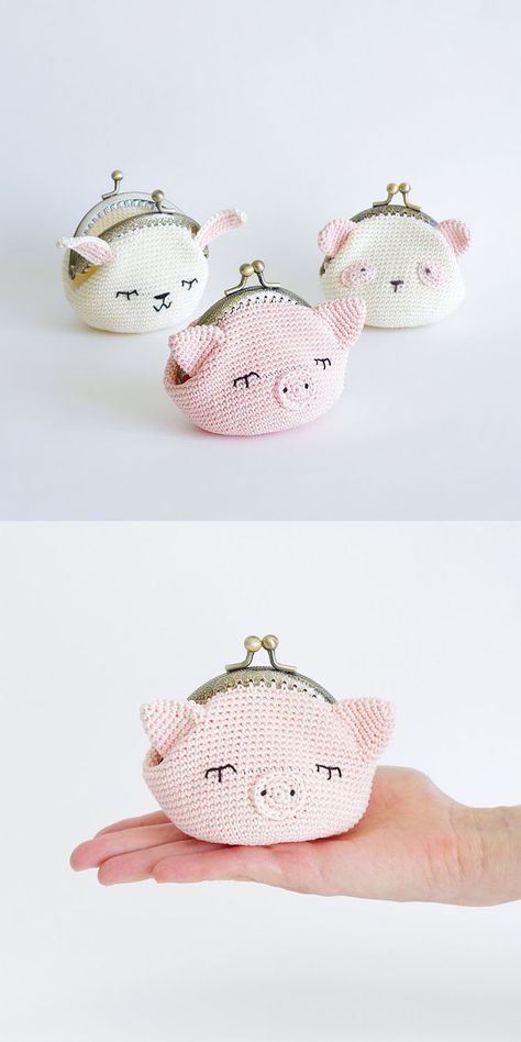 Crochet Change Purse, Coin Purse Crochet Pattern, Loop Crochet, Purse Patterns Free, Coin Purse Pattern, Crochet Coin Purse, Crocheted Bags, Crochet Pig, Cute Coin Purse