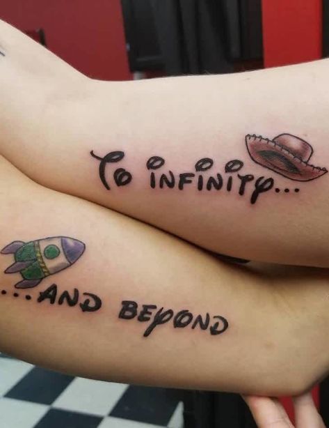 To Infinity And Beyond Tattoo, Infinity And Beyond Tattoo, Beyond Tattoo, Matching Disney Tattoos, Woody E Buzz, Disney Couple Tattoos, Toy Story Tattoo, Inside Of Arm Tattoo, Couple Disney