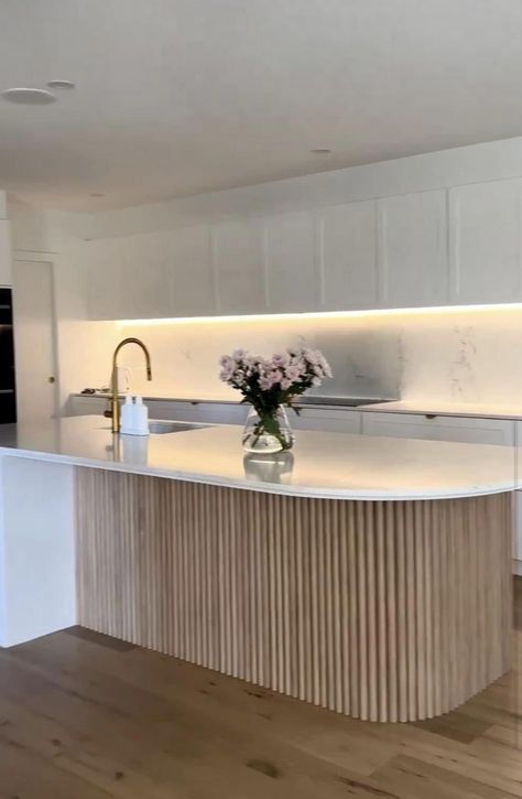 Fluted Wood Island Kitchen, Rounded Corner Kitchen Island, Rounded Island Countertop, Modern Australian Interiors, Curved Benchtop, Rounded Island Kitchen, Kitchen Greige, Curved Island Bench, Fluted Kitchen Island