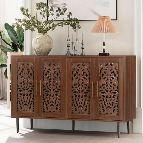 PRICES MAY VARY. 𝑨𝒅𝒐𝒓𝒂𝒃𝒍𝒆 𝑽𝒊𝒏𝒕𝒂𝒈𝒆 𝑳𝒐𝒐𝒌 -The buffet cabinet features exquisite hollow carving craftsmanship. The wood finish gives it a retro look that perfectly complements mid-century or French country-inspired decor. You will be thrilled with this sideboard cabinet every time you have a sight on it! 𝑸𝒖𝒂𝒍𝒊𝒕𝒚 𝑴𝒂𝒕𝒆𝒓𝒊𝒂𝒍 & 𝑪𝒐𝒏𝒔𝒕𝒓𝒖𝒄𝒕𝒊𝒐𝒏 - Made of thick, well-painted panels and premium metal accessories, this accent cabinet with doors is quite sturdy and Doors Vintage, Sideboards And Buffets, Dining Cabinet, Accent Chests And Cabinets, Solid Wood Cabinets, Storage Credenza, Buffet Cabinet, Kitchen Cabinet Storage, Sideboard Furniture